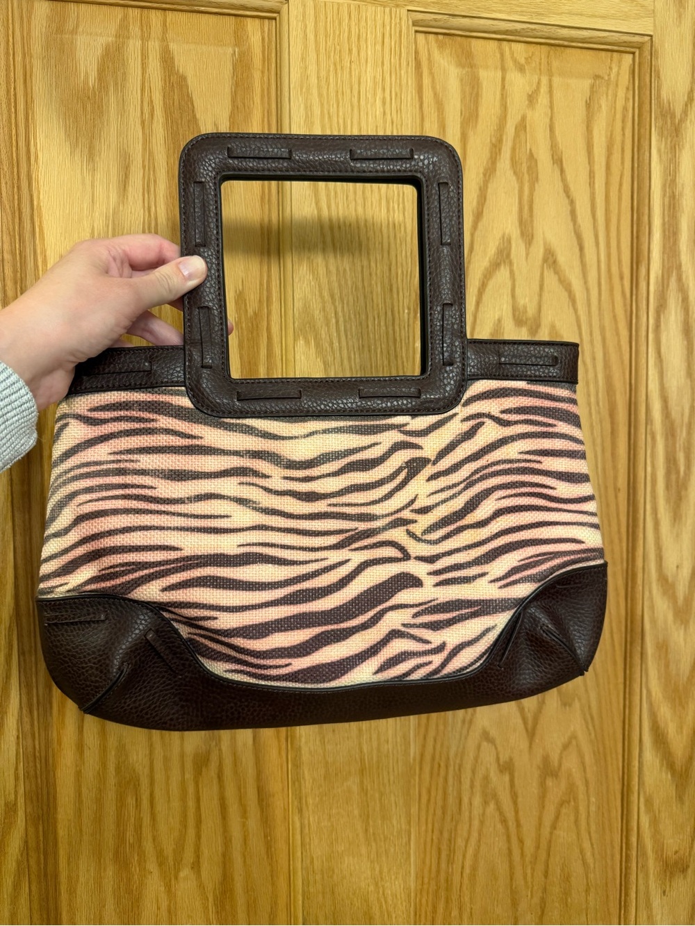 Liz Claiborne Y2K Shoulder Bag Brown faux Leather-Trim Pink Zebra Print Tote